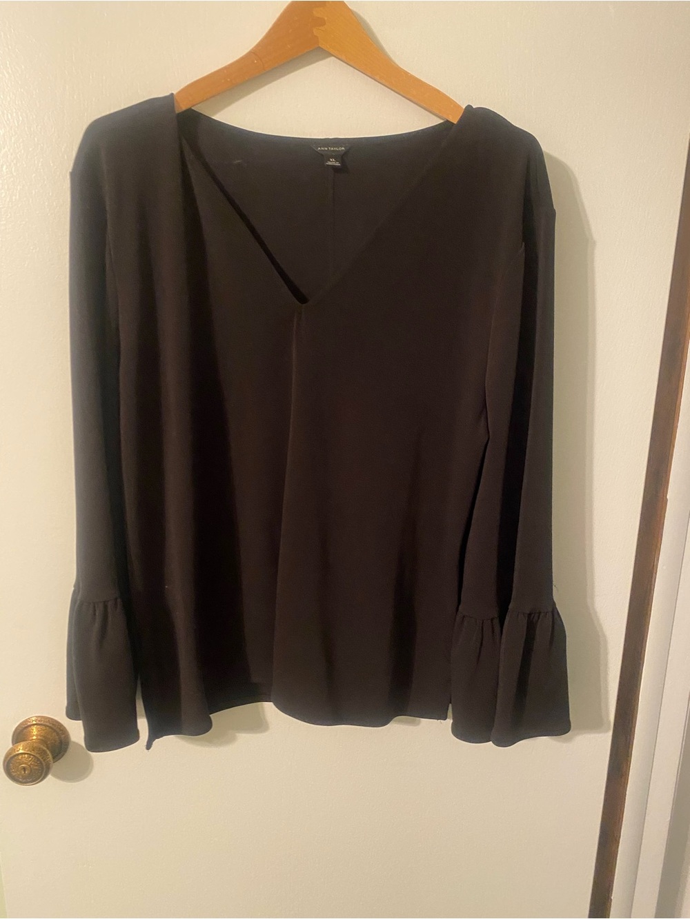 Ann Taylor Black V-Neck Long Sleeve Blouse with Ruffle Cuffs
